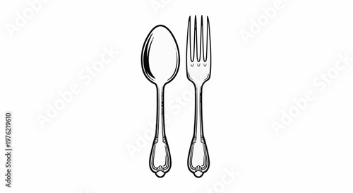 Black and white illustration of a spoon and fork on a white background