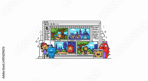 Digital interface displays cartoon scenarios with characters and animated scenes