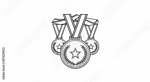 Black and white outline illustration of three victory medals with stars and laurel wreaths