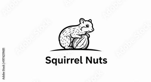 Black and white illustration of a squirrel holding a large nut, with text