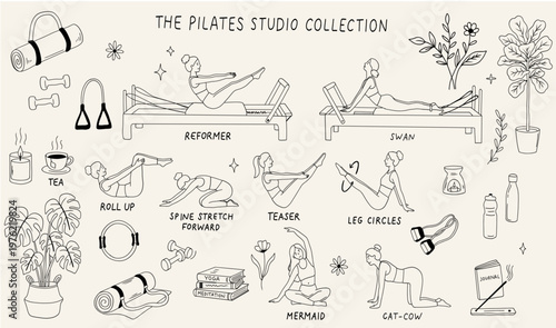 Hand drawn pilates studio collection, reformer exercises and yoga poses, wellness fitness line art set doodle
