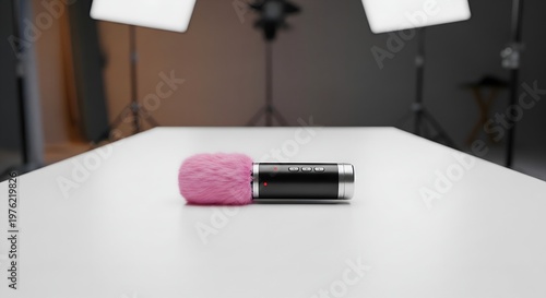A wireless microphone with pink filter lies on a white table in a studio with professional lighting equipment.