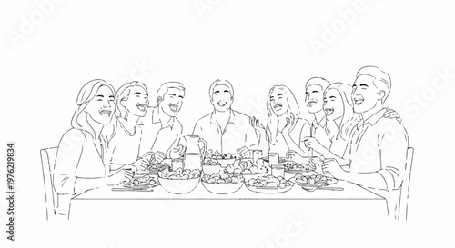 Diverse group of people laughing together around a table laden with food