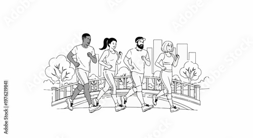 Diverse group of people running in a park with city skyline