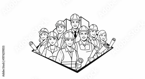Diverse group of smiling construction workers in hard hats with blueprints