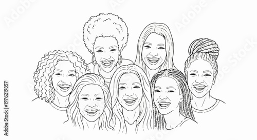 Diverse group of seven women with varied hairstyles and beaming smiles