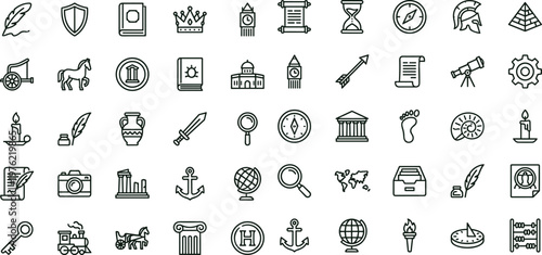 Minimal outline history heritage culture icon set collection for education museum archaeology ancient civilization web mobile interface vector symbols