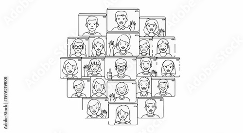 Diverse people in video call windows, connecting globally