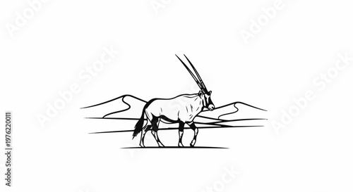Black and white illustration of an oryx with horns walking in a desert landscape