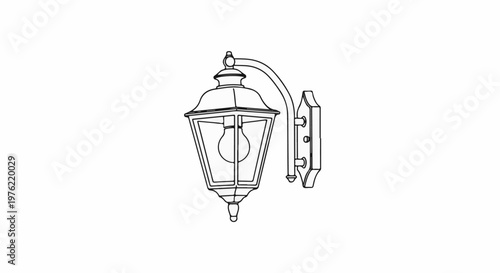 Black and white illustration of an outdoor wall-mounted lantern with a hexagonal frame and bulb