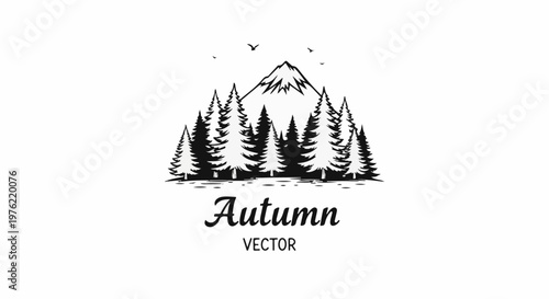 Black and white illustration of evergreen trees, a snow-capped mountain, and birds