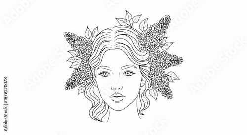 Delicate sketch of a young woman adorned with lilac blossoms in her flowing hair