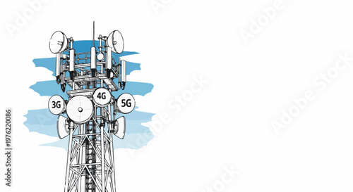 Cell tower with 3G, 4G, and 5G antennas against a sky background