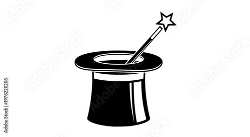 Classic magic top hat and wand vector, elegant illusion symbol, clean isolated illustration