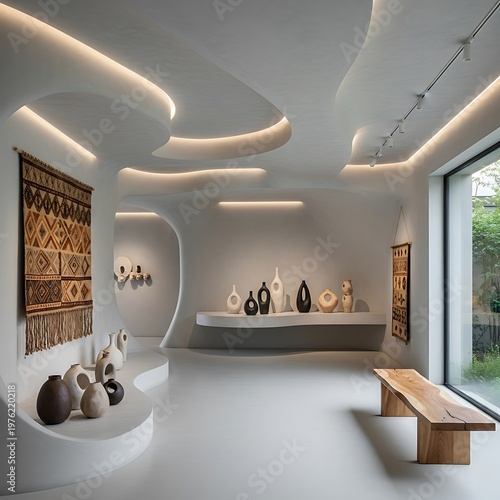 Modern Art Gallery Interior with Sculptures and Unique Lighting Design.