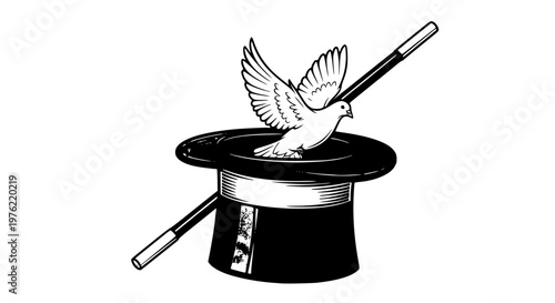 Classic magic top hat and wand vector, elegant illusion symbol, clean isolated illustration
