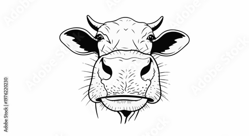 Black and white line art of a cow's face, looking directly forward