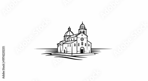 Black and white line art of a large church with two domes and a tall bell tower
