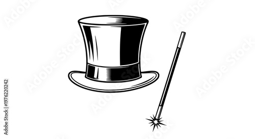 Classic magic top hat and wand vector, elegant illusion symbol, clean isolated illustration