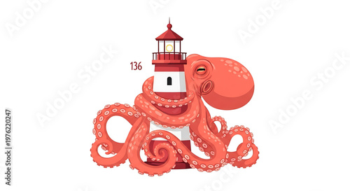 A whimsical vector illustration of an octopus wrapped around a lighthouse