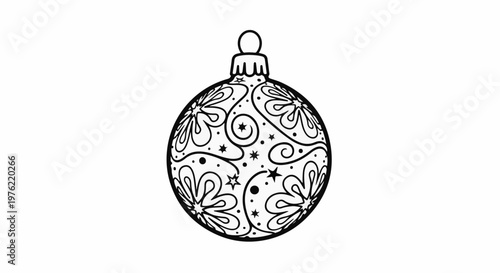 Black and white line art of a decorative Christmas ornament with floral motifs