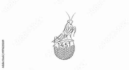 Delicate sketch of a praying mantis perched atop a round object with number 1451