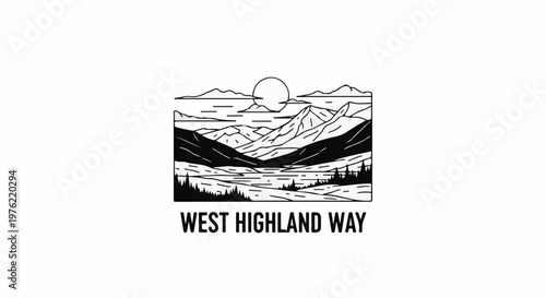 Black and white line art of a mountainous landscape with a sun and clouds