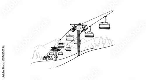 Black and white line art of a ski lift ascending a snowy slope
