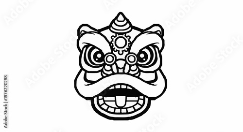 Black and white line art of a traditional festive lion head mask