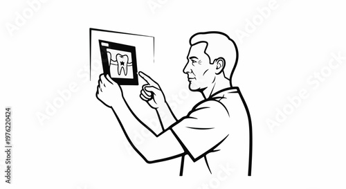 Dentist examining a tooth x-ray, pointing with finger