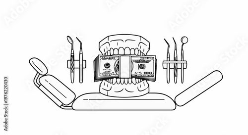 Dental chair, tools, and a mouth filled with cash
