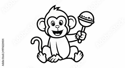 Cheerful cartoon monkey sitting and holding a rattle