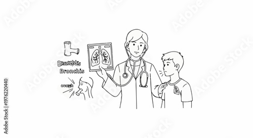 Doctor examines child's lungs for bronchitis, shows X-ray, and depicts coughing