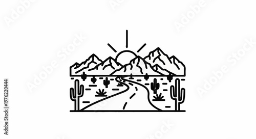Desert landscape with a winding road leading to mountains under a bright sun