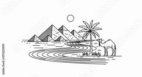 Desert landscape with pyramids, a winding river, a palm tree, and a camel under a sun