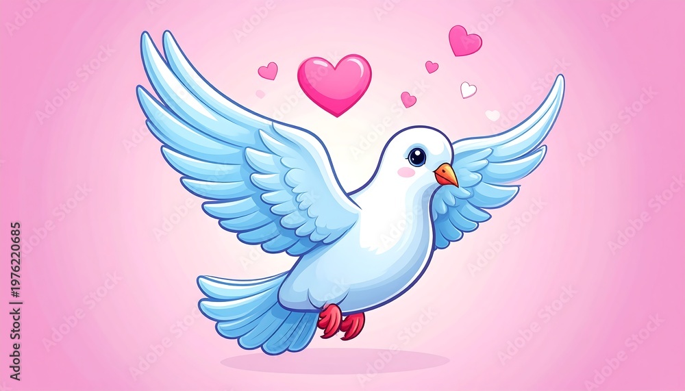 Fototapeta premium A cartoon-style depiction of a dove in flight, surrounded by floating pink hearts against a gradient pink background