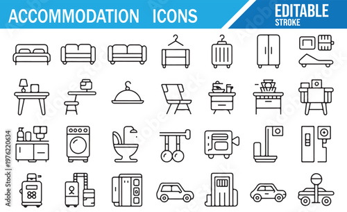 Outline accommodation icons featuring hotel transport furniture and travel services vector set