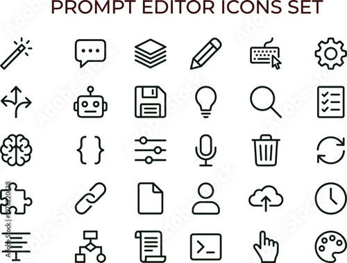 Minimal outline prompt editor interface icon set collection for content editing workflow tools web mobile UI editable stroke vector symbols