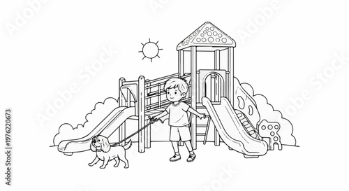Cheerful boy and dog enjoy sunlit playground, with slides and climbing structure