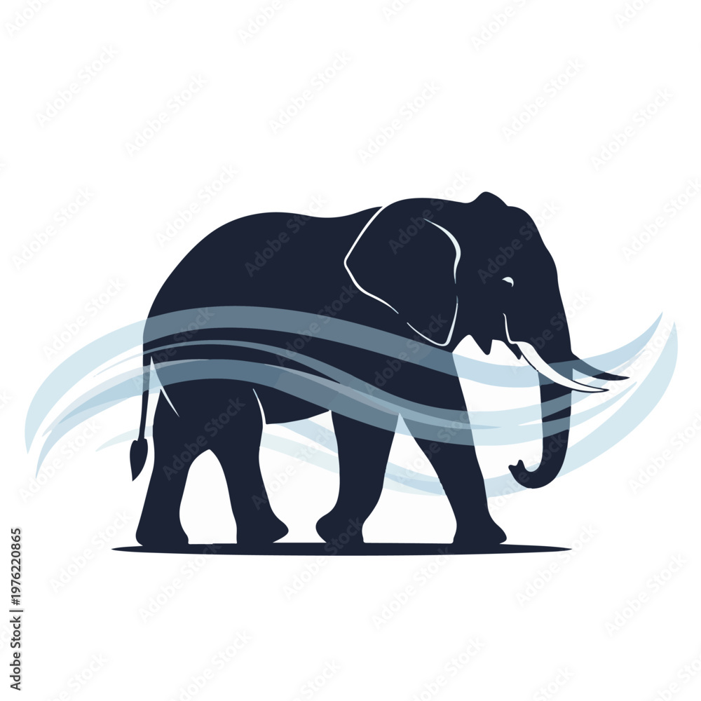 Fototapeta premium Elephant Silhouette with Abstract Blue Waves Graphic