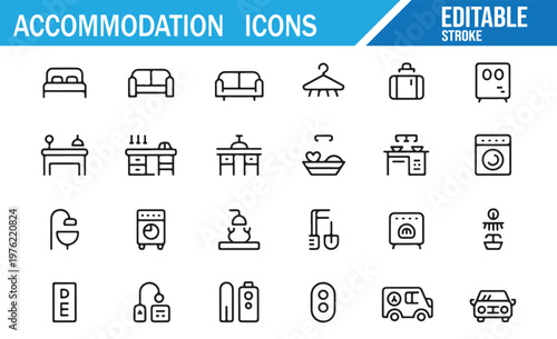 Accommodation and tourism outline icons set for hotel services travel booking and UI design