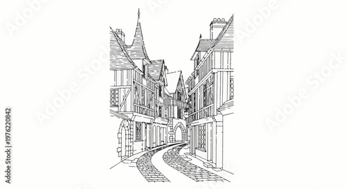 Black and white sketch of a European town street with old buildings and an archway