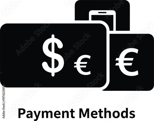 Payment Methods Icon Featuring Dollar and Euro Banknotes for Financial Transactions and Currency Exchange