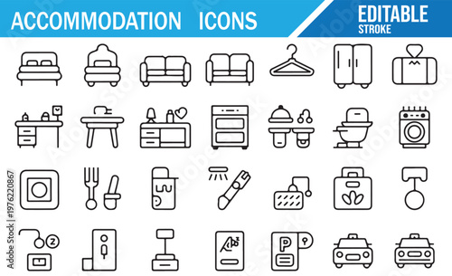 Travel and accommodation line icon set with hotel, transport and tourism symbols editable vector collection