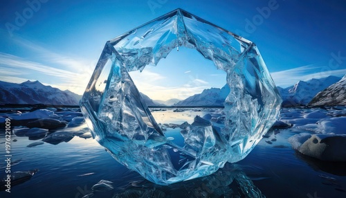 Majestic Iceberg Sculpture Floating on Calm Waters with Mountain Backdrop.