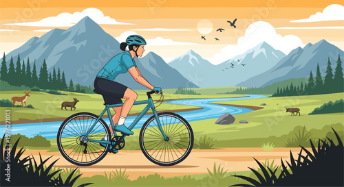 Cyclist Riding through Scenic Mountain Landscape with River, Wildlife, and Natural Beauty for Outdoor Adventure and Fitness Exploration