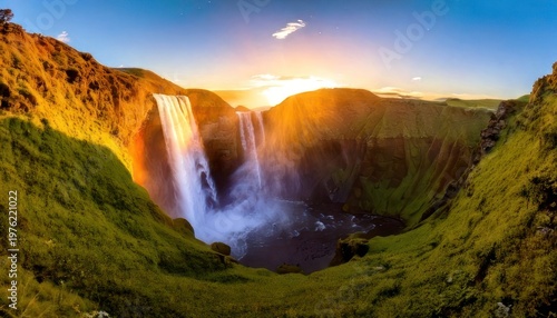 Majestic Icelandic Waterfall at Sunset - A Breathtaking Natural Wonder.