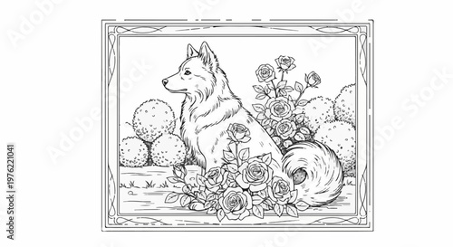 Black and white sketch of a fluffy dog sitting amidst blooming roses and bushes