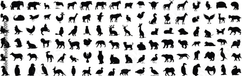Black animal icons, silhouette collection, 100+ wildlife symbols, vector graphics