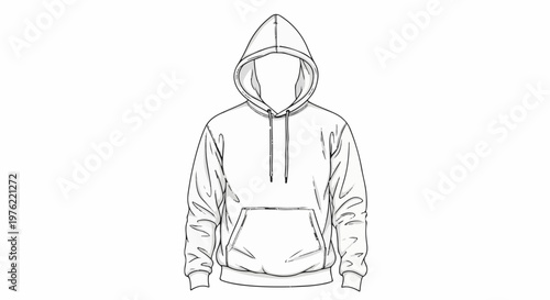 Black and white sketch of a hooded sweatshirt with front pocket and drawstrings